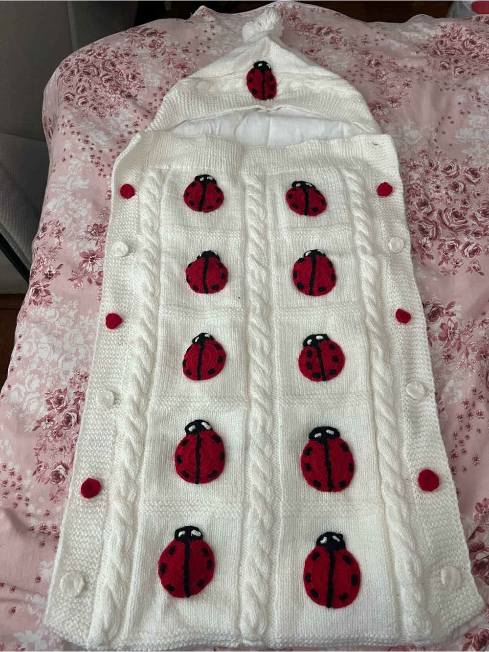 Handmade knitted baby bunting 🐞🤍